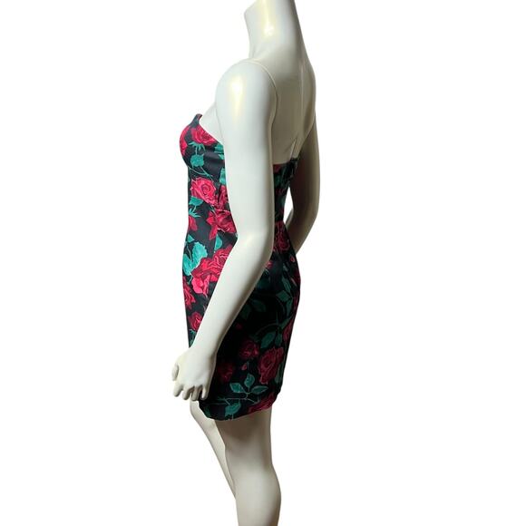 Vintage 90s Strapless Mini Dress Size L/10 - Vibrant Rose Floral Print Black - Picture 9 of 12